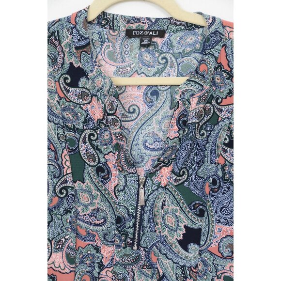 Roz & Ali Woman Plus Size 2X Paisley Zipper Front 3/4 Sleeve Blouse Tunic Top - Picture 2 of 4
